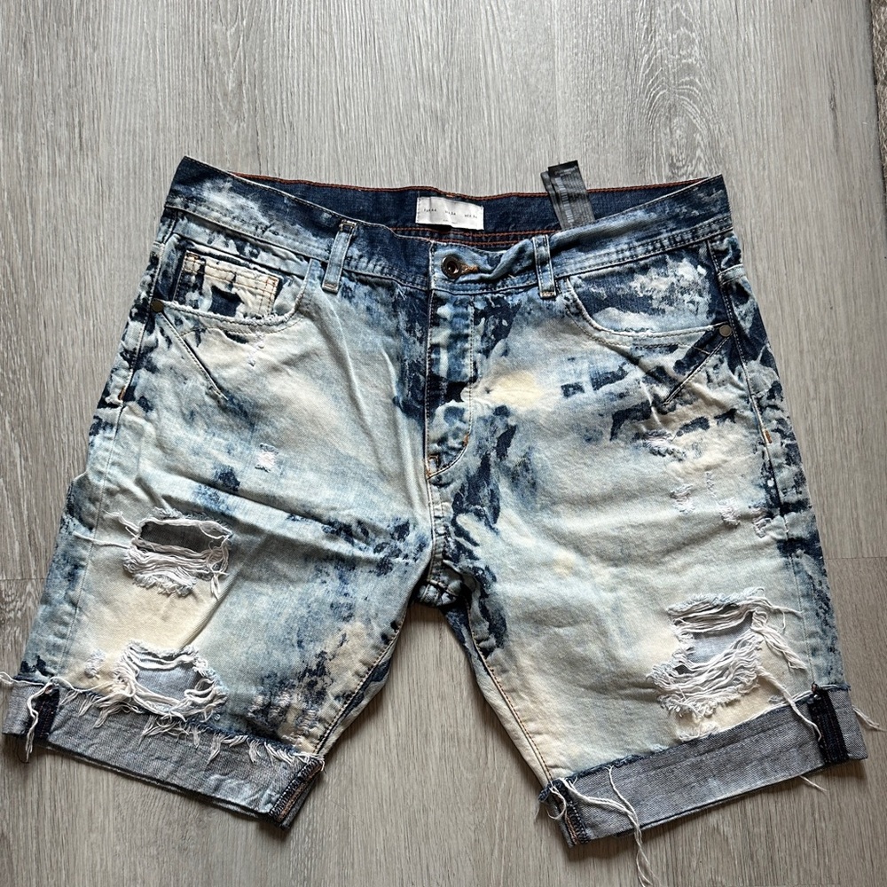 Zara Blue and White Distressed Jean Shorts